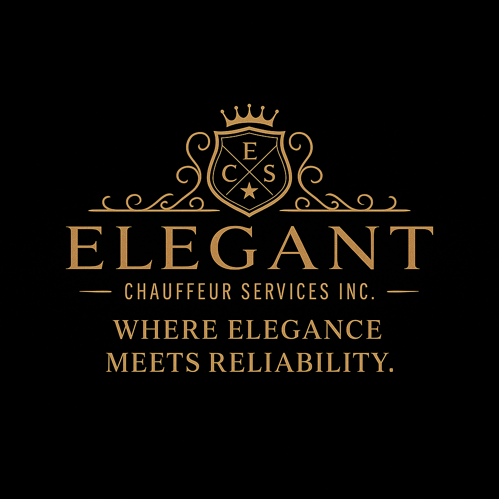 Elegant Chauffeur Services logo in gold on black background, tagline “Where Elegance Meets Reliability.”